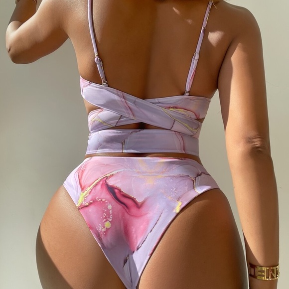 Boho Pink Marbled Cut out Cheeky High Waist Bikini Swim Beach - Picture 3 of 5